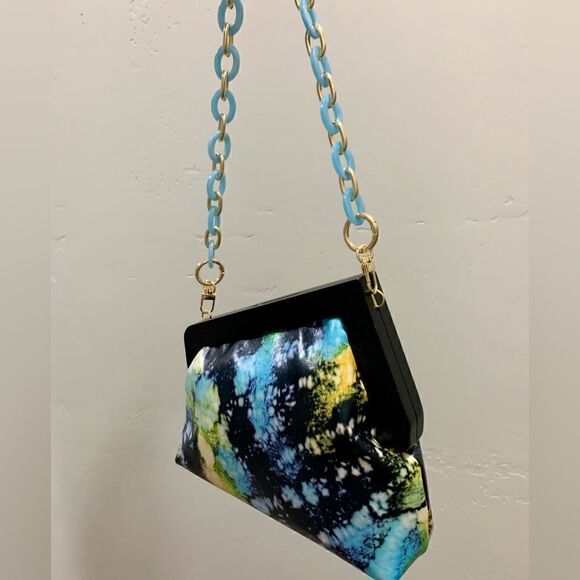 Handmade Genuine Premium Leather Tie-dye Printed Wooden Frame Bag with 2 Chains - Picture 10 of 16